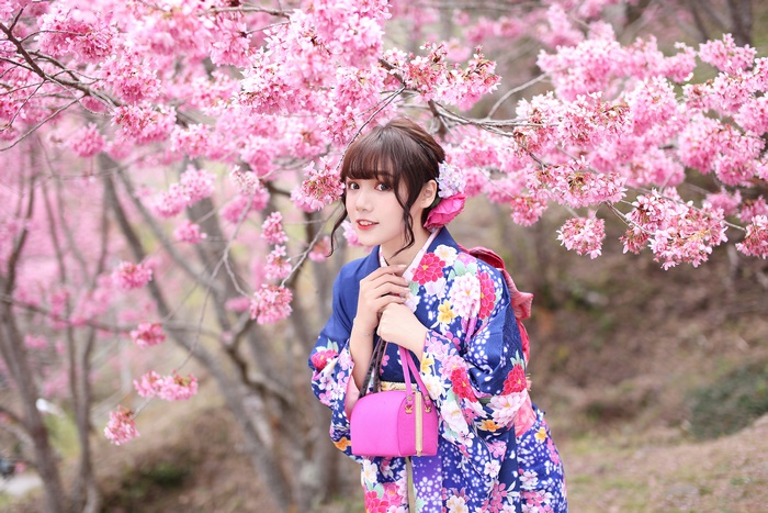 Woman in Kimono with Pink Flowers