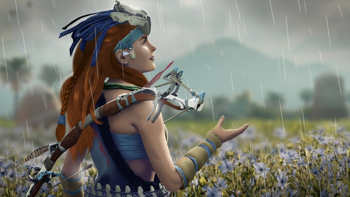 Aloy from Horizon Zero Dawn in the rain