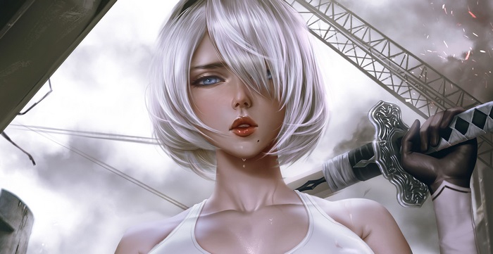 2B from NieR: Automata holding a sword