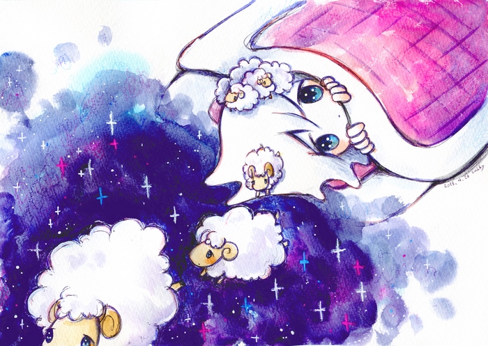 Girl with sheep in a starry sky