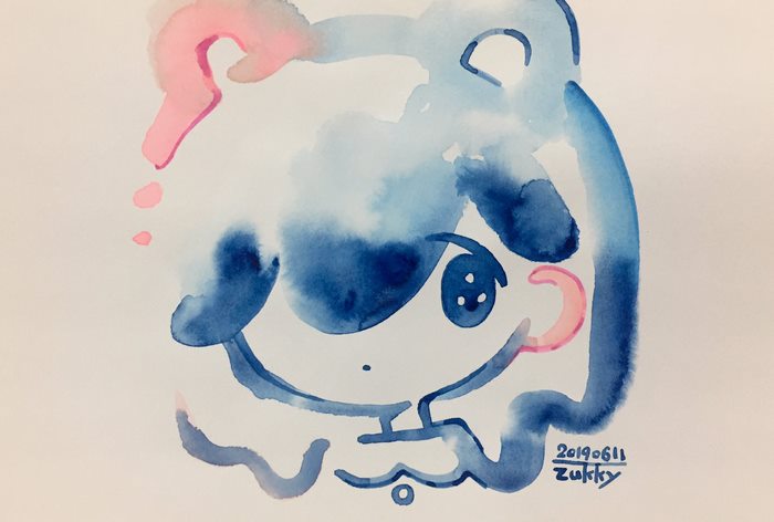 Watercolor painting of a blue character with pink accents