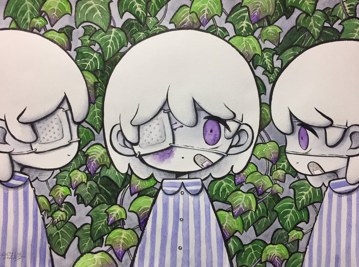 Three children in hospital gowns with bandages