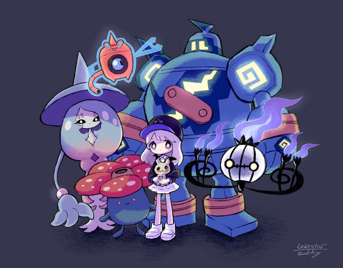 Hatterene, Golurk, Chandelure, Vileplume, Rotom, and Mimikyu with a girl