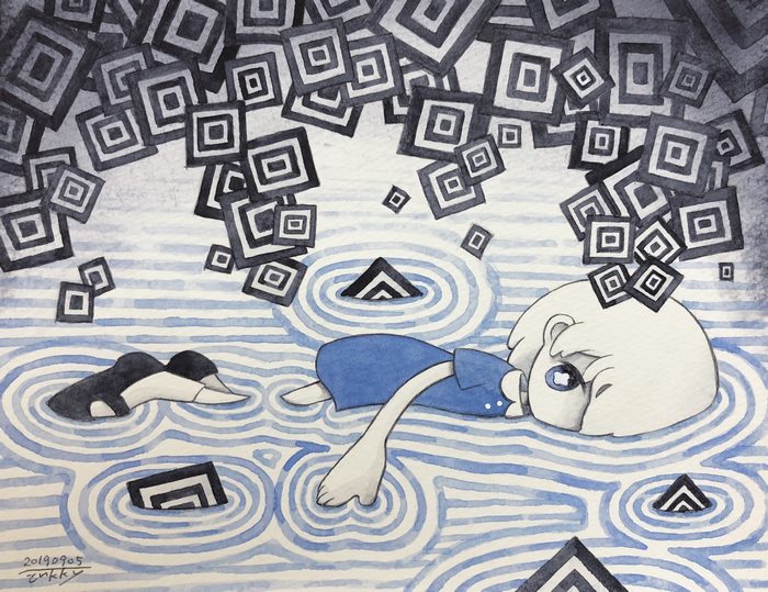 Girl in blue dress floating in water with geometric shapes
