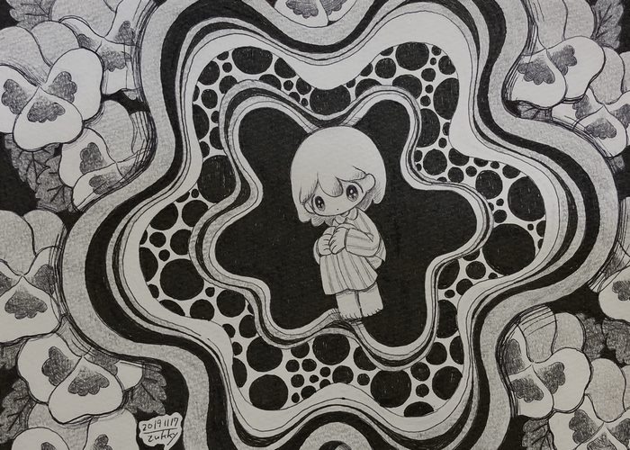 A sad girl in a patterned world