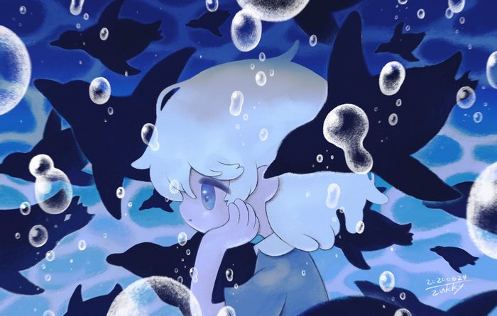 Girl surrounded by dolphins and bubbles