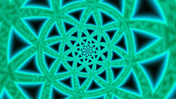Green fractal pattern with neon blue triangles