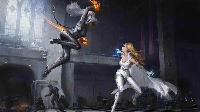 Black Cat and Dagger fighting in a laboratory