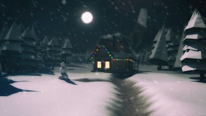 Artistic winter cabin with Christmas lights in snow