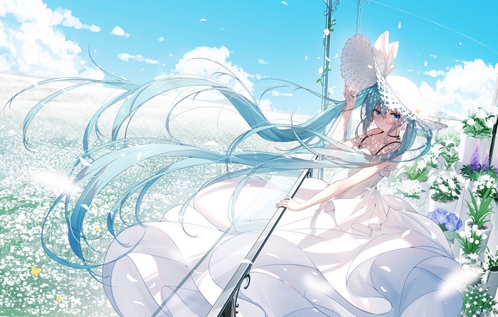 Hatsune Miku in a white dress in a field of flowers