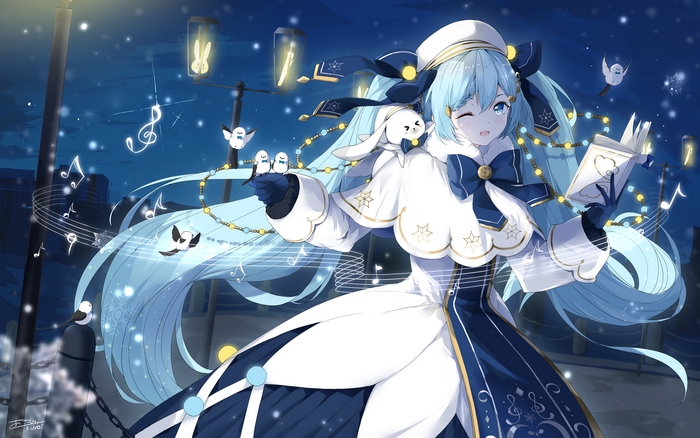 Hatsune Miku in a winter outfit holding a book