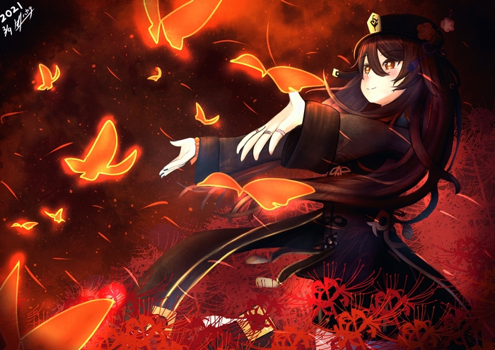 Hu Tao from Genshin Impact with glowing butterflies