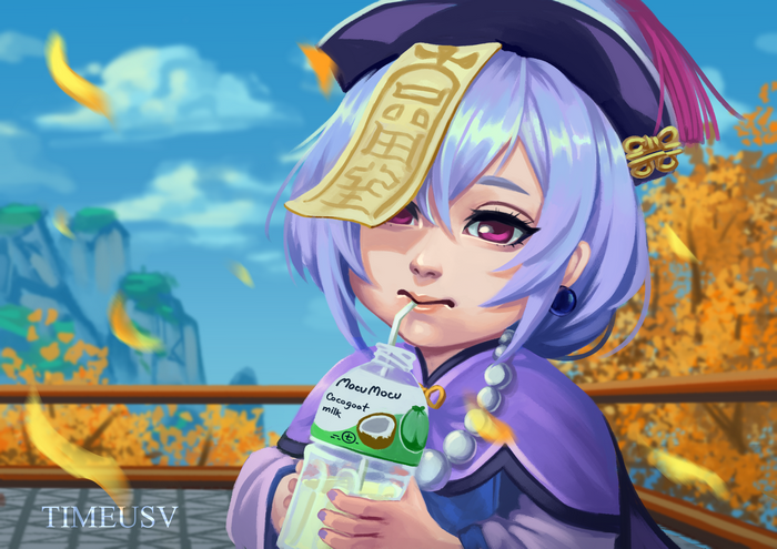 Qiqi from Genshin Impact drinking coconut milk