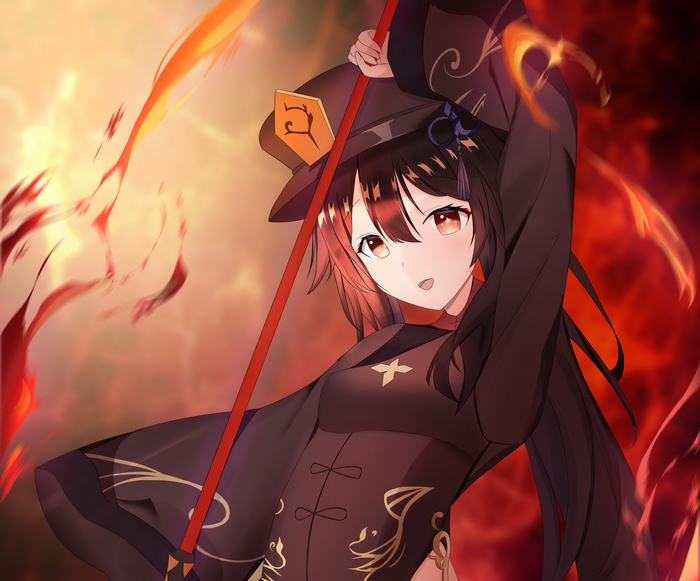 Hu Tao from Genshin Impact with a fiery polearm