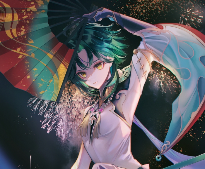 Xiao from Genshin Impact with fan and fireworks