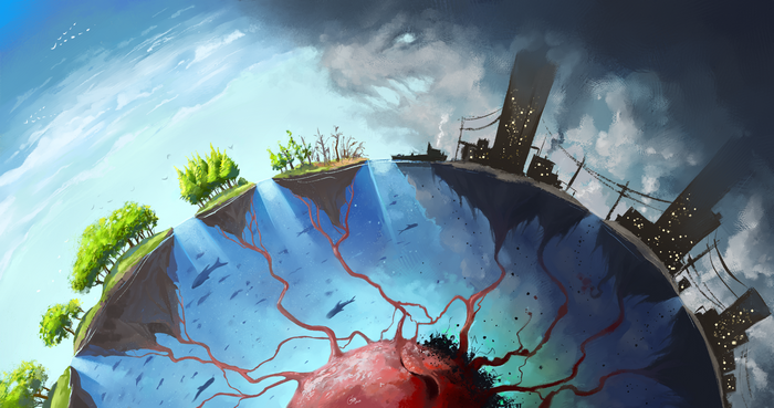 Planet with healthy and polluted sides