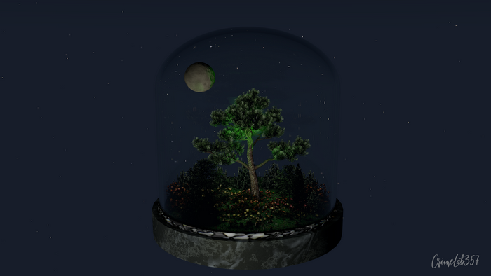 Terrarium with tree, flowers, and moon