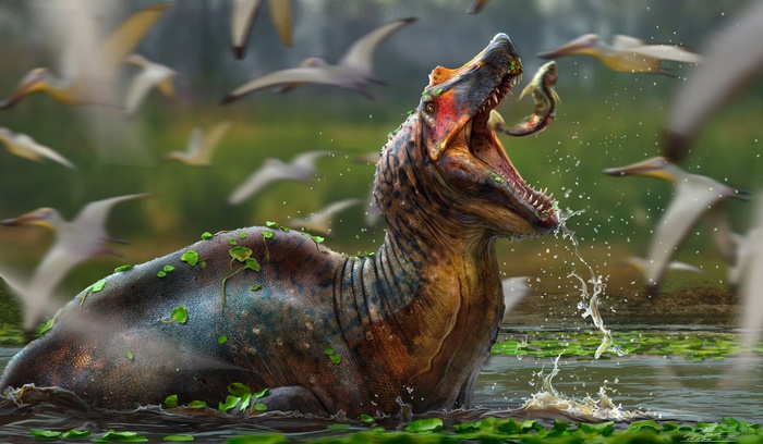 Spinosaurus catching a fish with pterosaurs flying