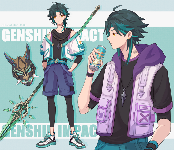 Xiao from Genshin Impact with mask and spear