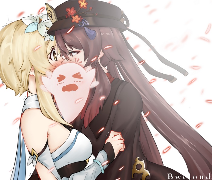 Hu Tao and Lumine from Genshin Impact kissing