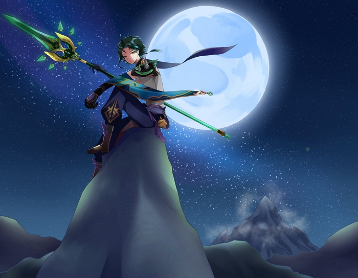 Xiao from Genshin Impact with a spear under the moon