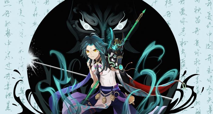 Xiao from Genshin Impact with a demon mask