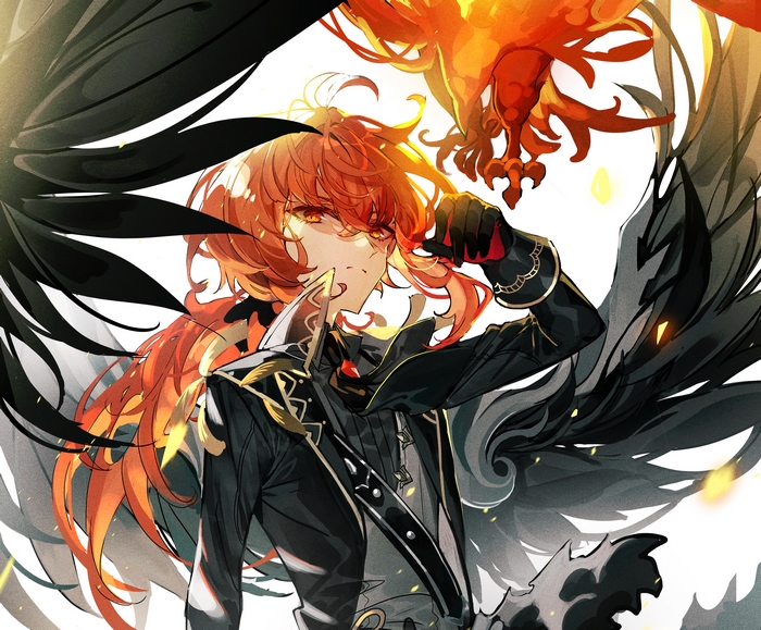 Diluc from Genshin Impact with a phoenix and wings