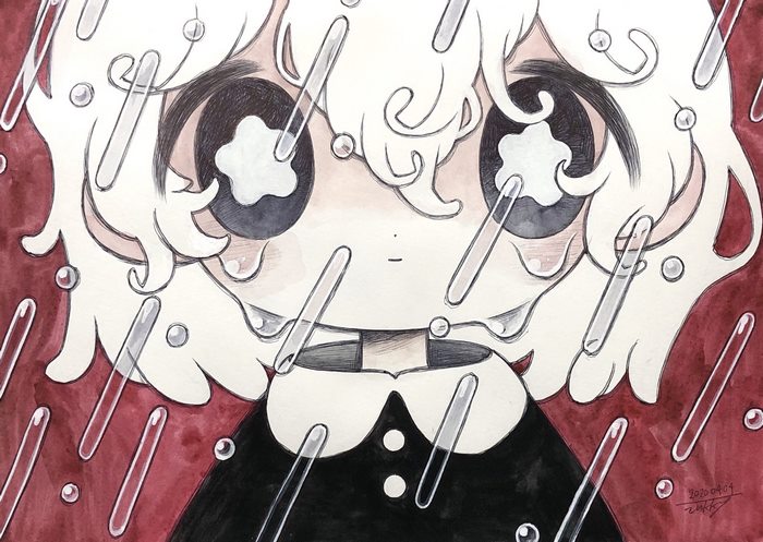 Girl in black dress with white collar in the rain