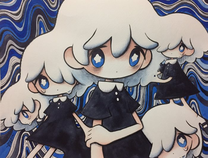 Anime girls with white hair and black dresses