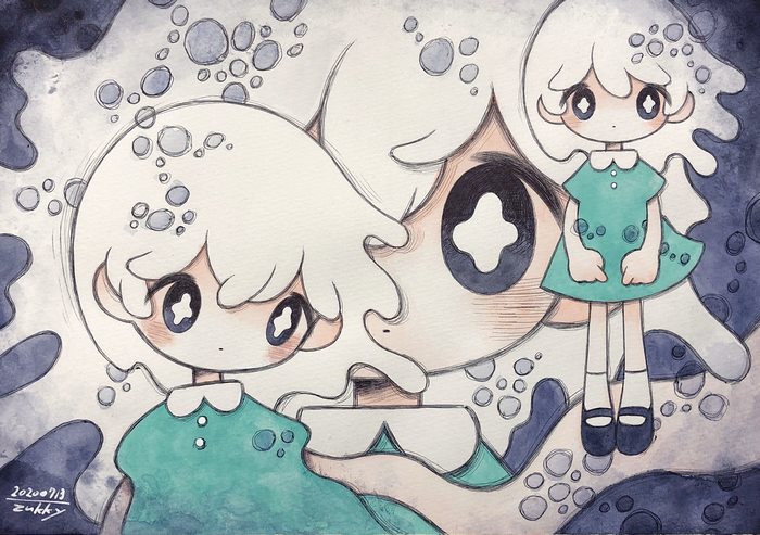 Two girls with white hair and blue eyes in teal dresses