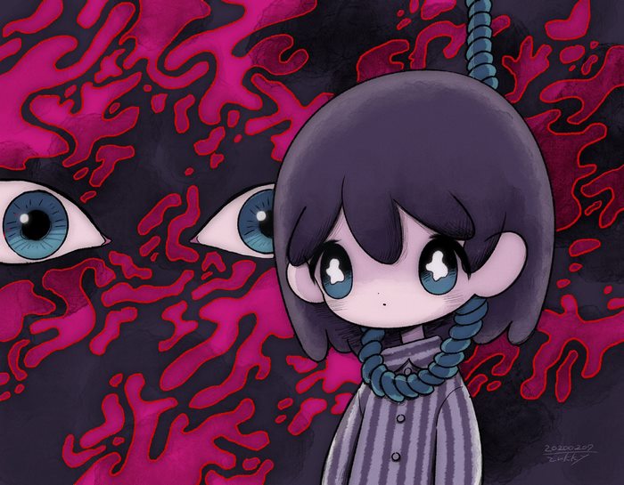 Girl with noose and watchful eyes