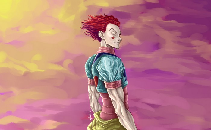 Hisoka from Hunter x Hunter against a colorful sky