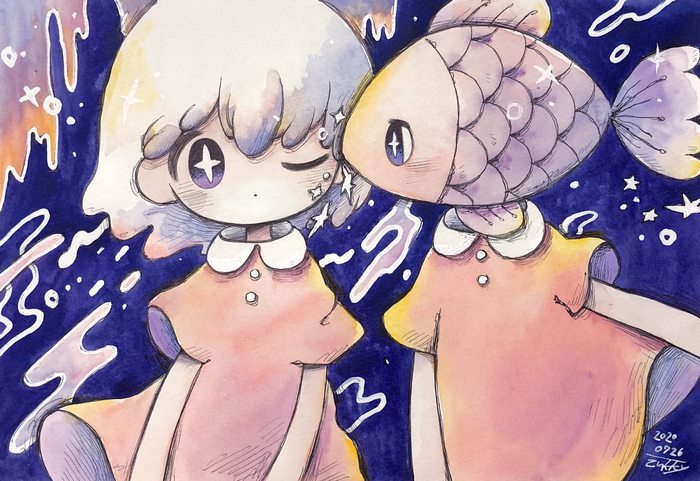 Two anime girls with fish head and white hair