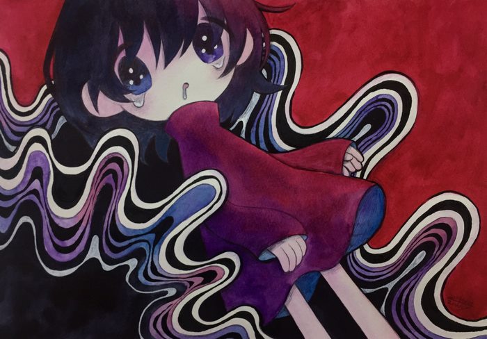 Girl with wavy black, purple, and white lines