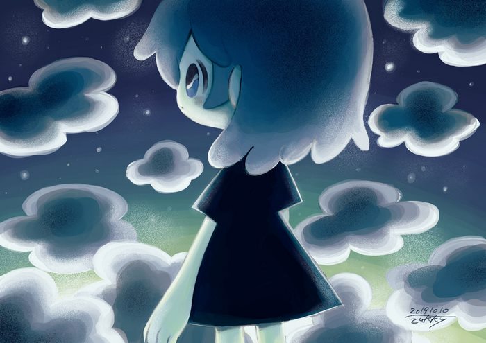 Girl in dark dress among clouds