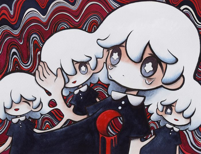 Four girls with white hair and black dresses
