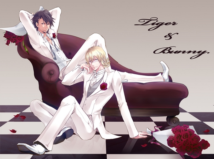 Tiger & Bunny characters in white suits with roses