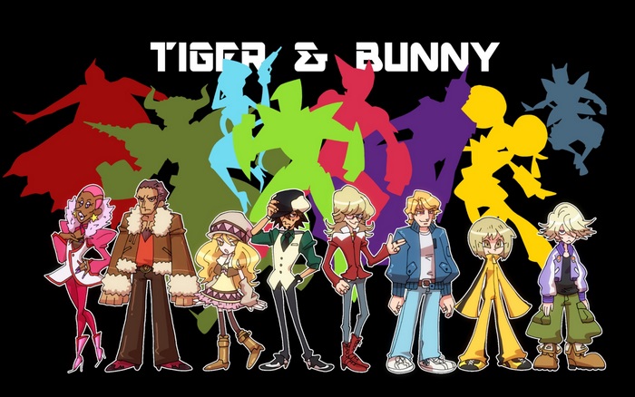 Tiger & Bunny characters with superhero silhouettes