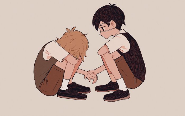 Sunny and Basil from Omori holding hands