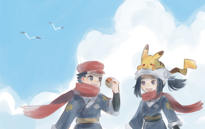 Rei and Akari from Pokémon Legends: Arceus with Pikachu