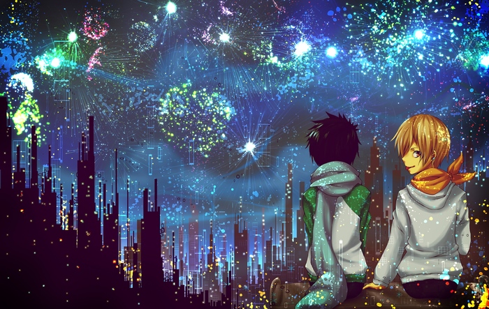 Mikado Ryūgamine and Masaomi Kida watching fireworks over a city