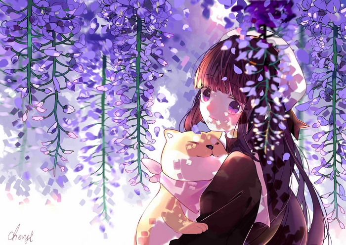 Girl holding a dog under wisteria flowers