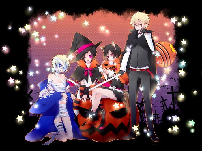 Four anime characters in Halloween costumes
