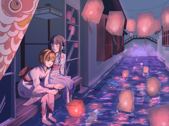 Sakura and Tomoyo from Cardcaptor Sakura by a canal