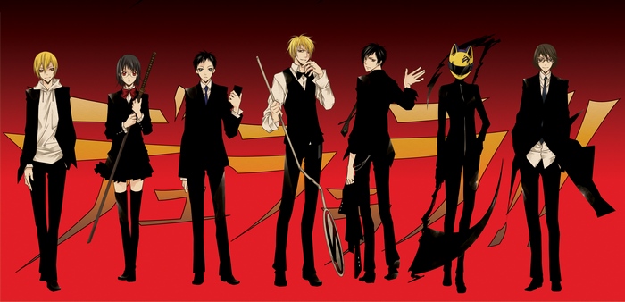 Durarara!! characters in black suits on red background