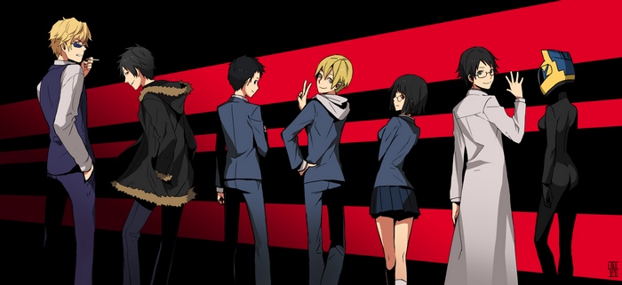 Durarara!! characters standing against a red and black striped background