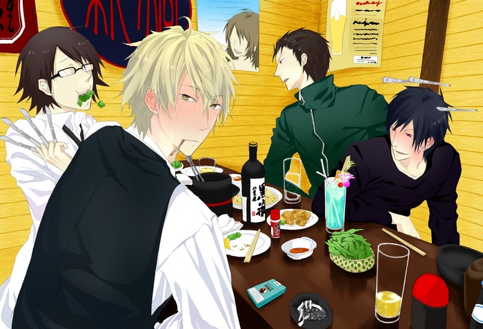 Durarara!! characters at a table with food and drinks