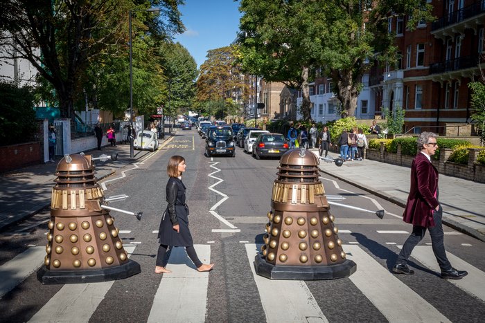 Daleks and Doctor from Doctor Who on Abbey Road