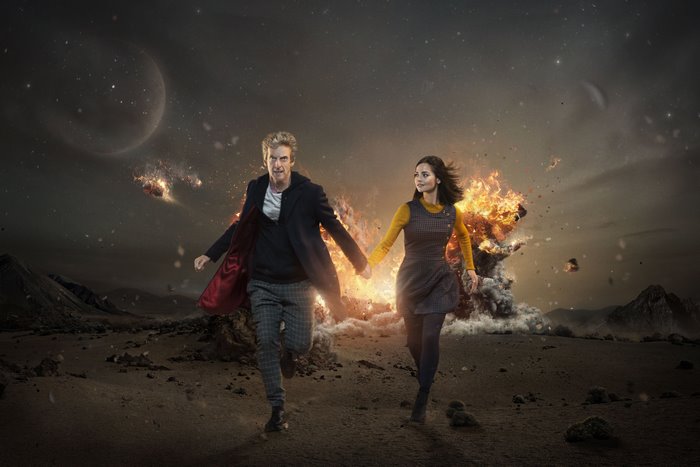 The Doctor and Clara Oswald from Doctor Who running from explosion