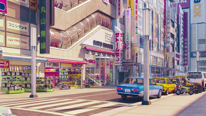 Akihabara street with cars and shops